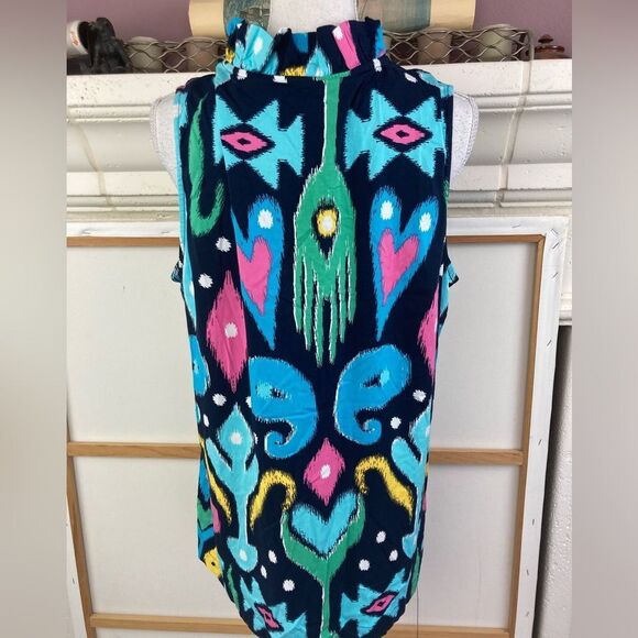 Crown& Ivy BNWT Navy Ikat w/ ruffle neckline sleeveless blouse - Picture 3 of 11